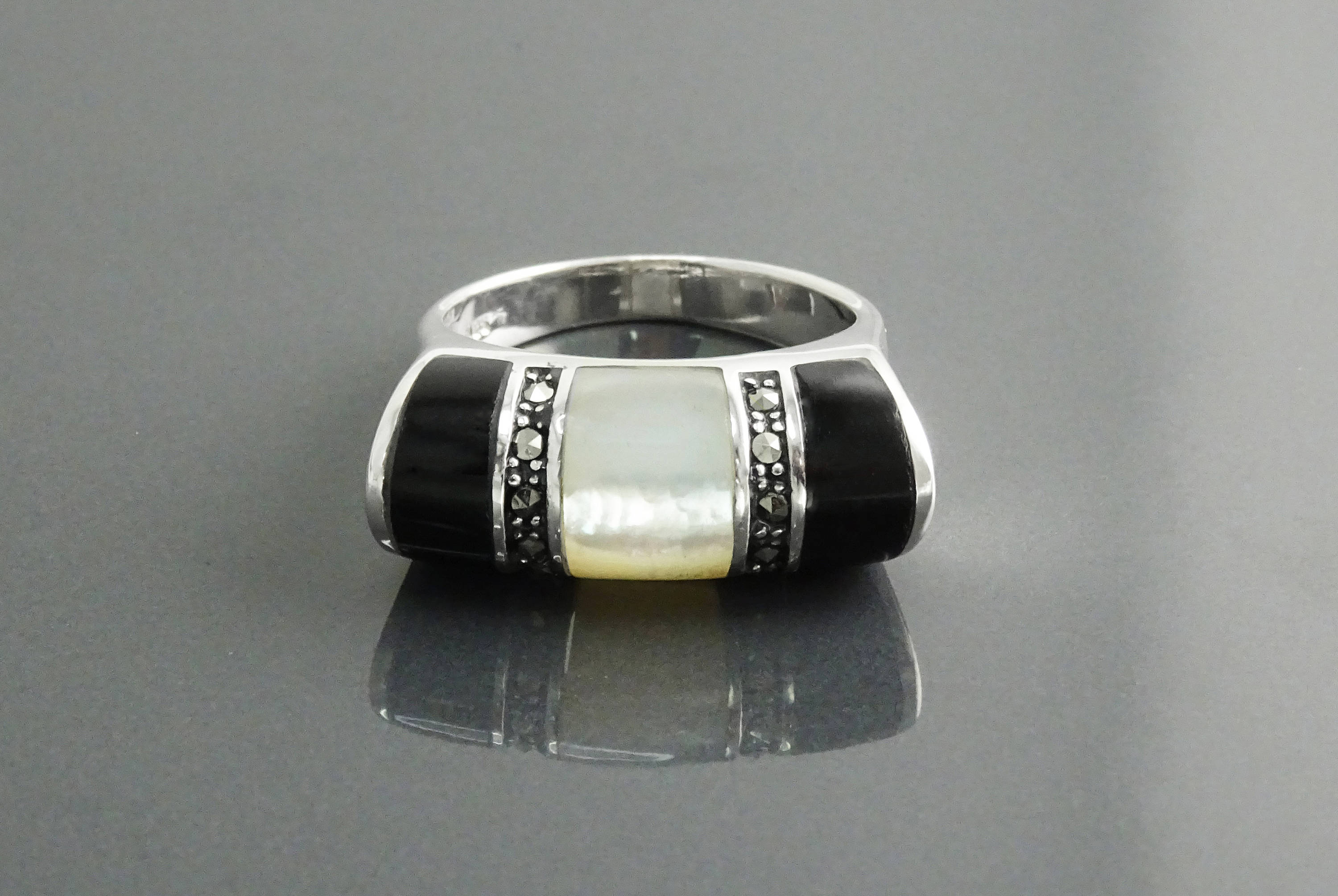 Art Deco Ring, Sterling Silver, Black Onyx Gemstone & Mother of Pearl, Vintage Marcasite Jewelry