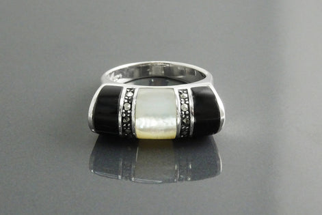 Art Deco Ring, Sterling Silver, Black Onyx Gemstone & Mother of Pearl, Vintage Marcasite Jewelry