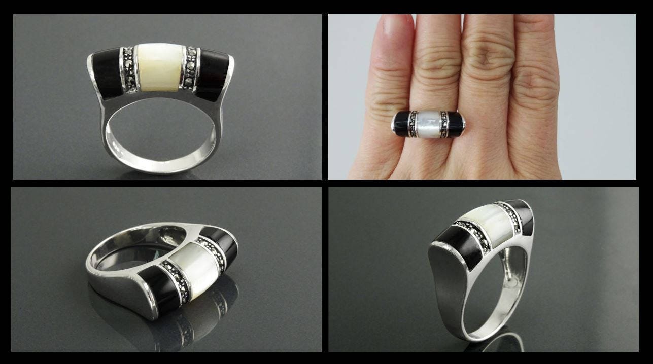 Art Deco Ring, Sterling Silver, Black Onyx Gemstone & Mother of Pearl, Vintage Marcasite Jewelry