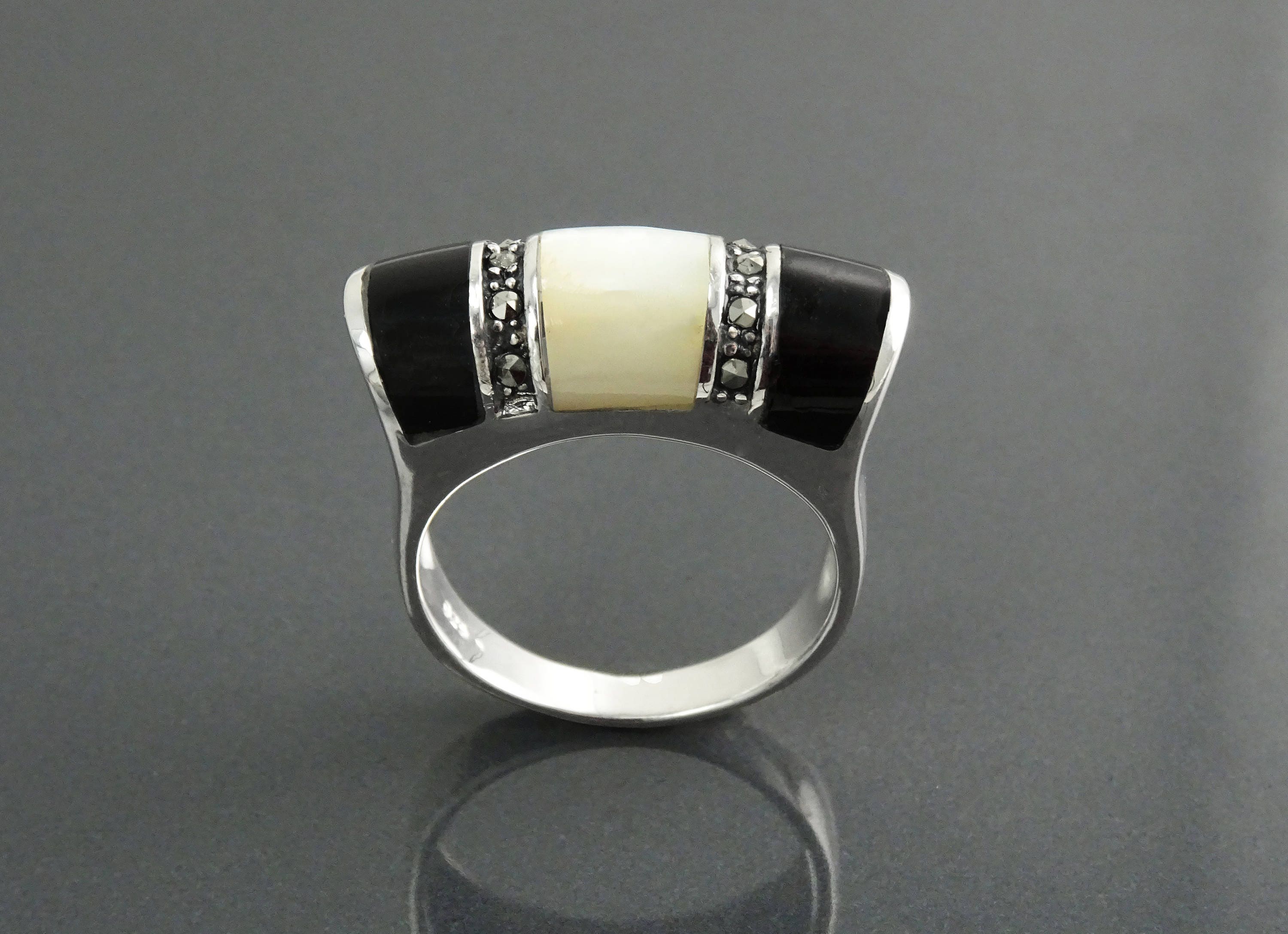 Art Deco Ring, Sterling Silver, Black Onyx Gemstone & Mother of Pearl, Vintage Marcasite Jewelry
