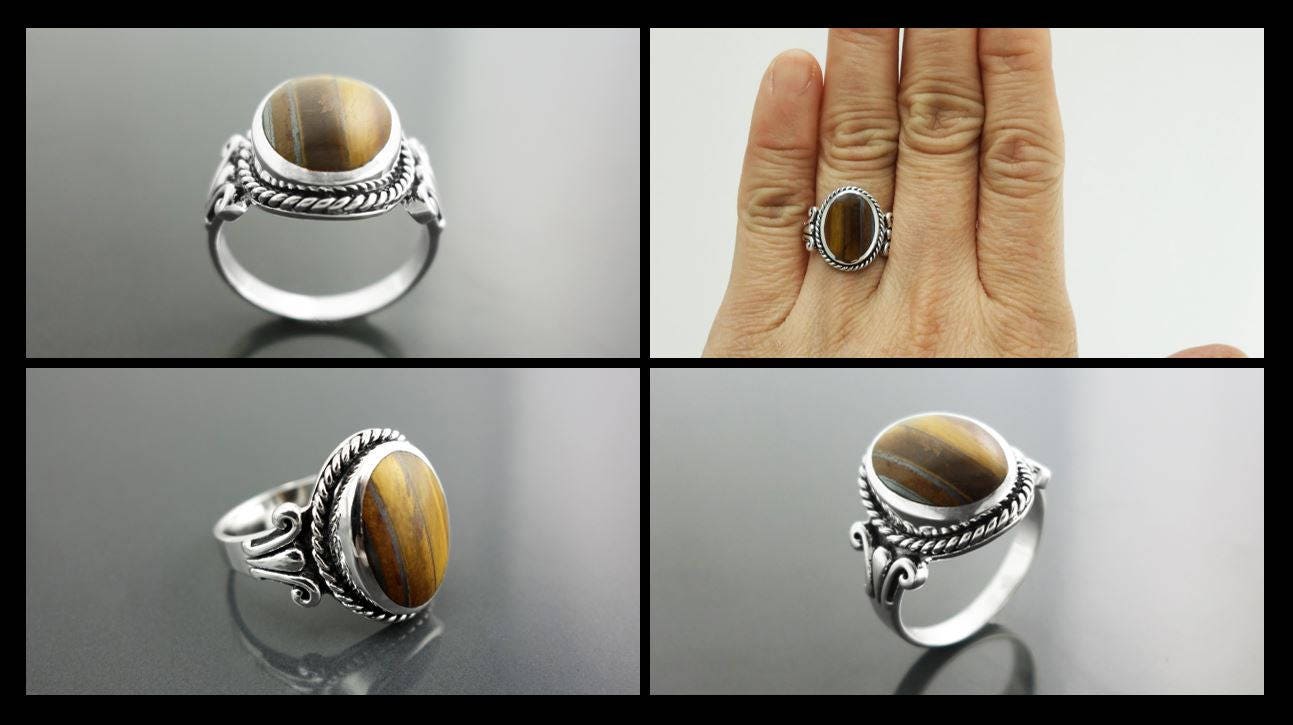 Tiger Eye Ring, Sterling Silver, NATURAL Brown Oval Stone Ring, Rope Ring, Unique Antique Signet Ring, Vintage Hipster Boho Unisex Jewelry