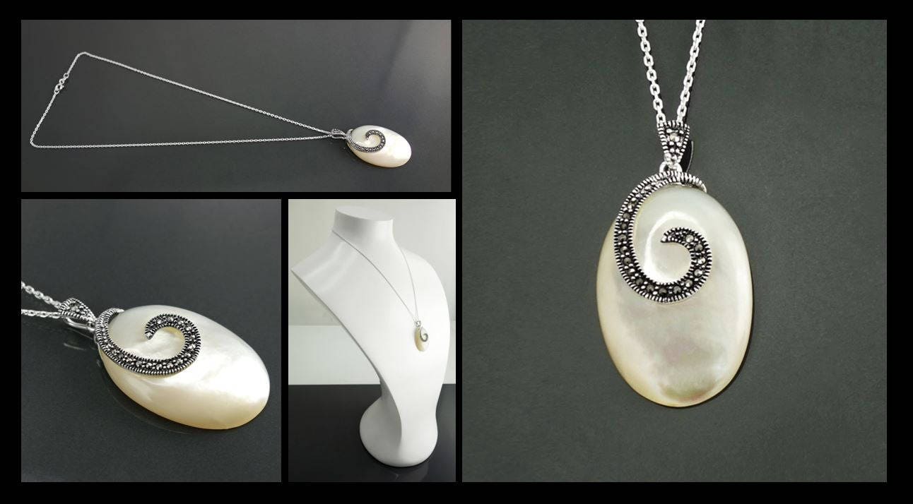 Vintage Style Sterling Silver Mother of Pearl Necklace, Art Deco Marcasite Pendant, Oval