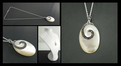 Vintage Style Sterling Silver Mother of Pearl Necklace, Art Deco Marcasite Pendant, Oval