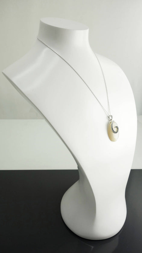 Vintage Style Sterling Silver Mother of Pearl Necklace, Art Deco Marcasite Pendant, Oval