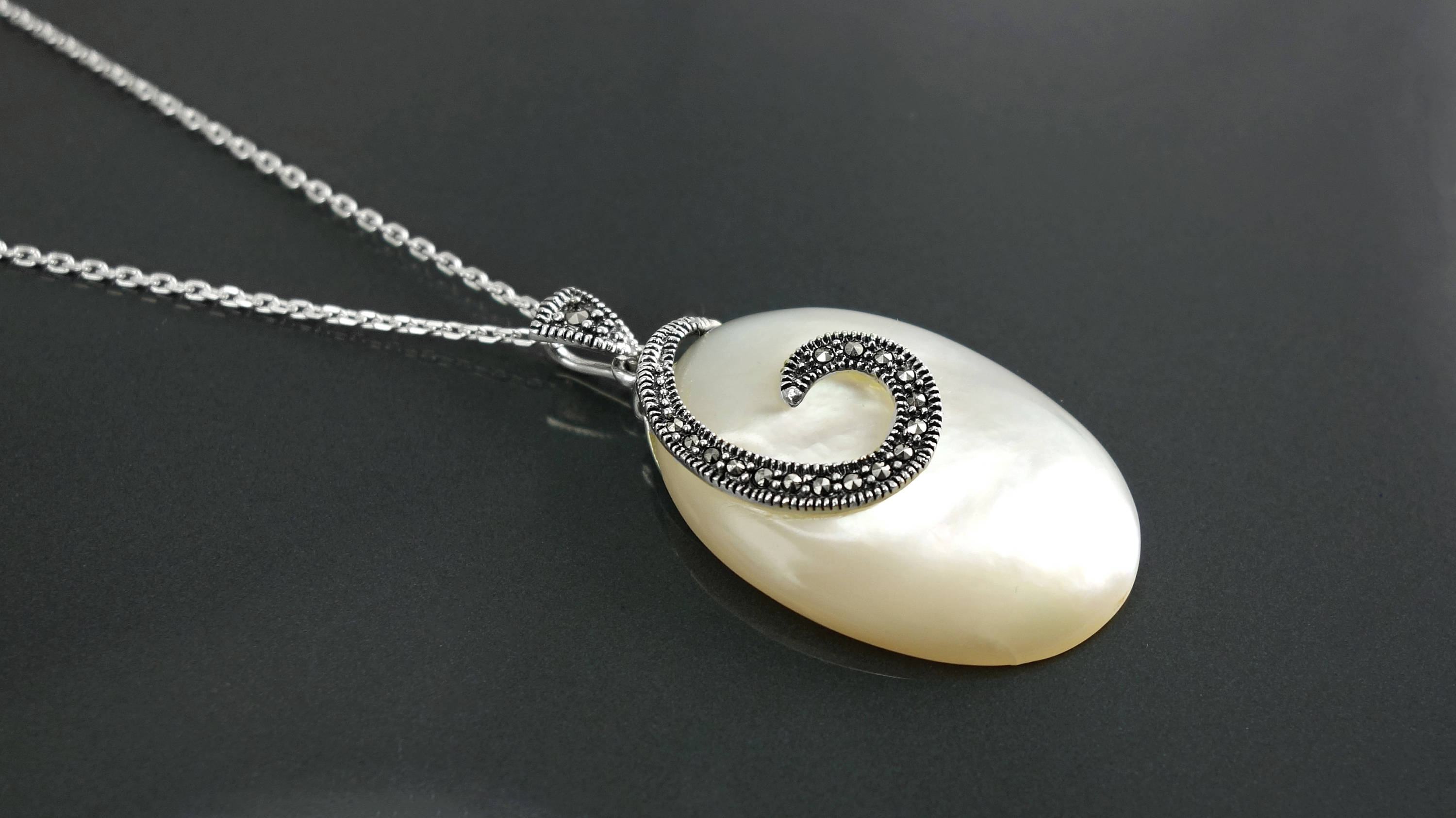Vintage Style Sterling Silver Mother of Pearl Necklace, Art Deco Marcasite Pendant, Oval