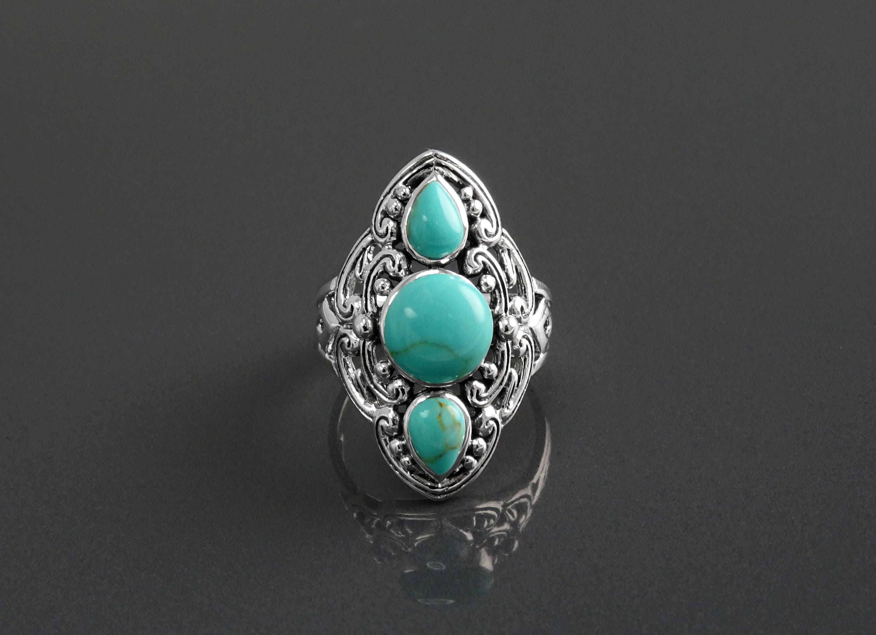 Sterling Silver Triple Turquoise Stone Ring, Ethnic Boho Chic Statement Jewelry