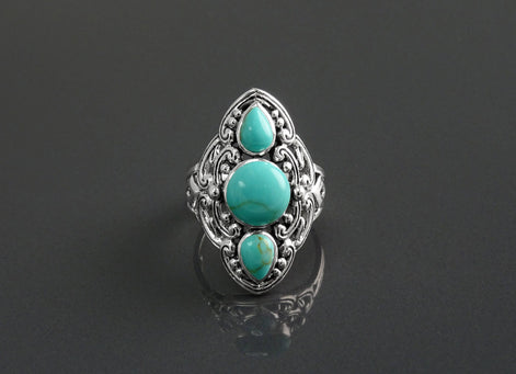 Sterling Silver Triple Turquoise Stone Ring, Ethnic Boho Chic Statement Jewelry