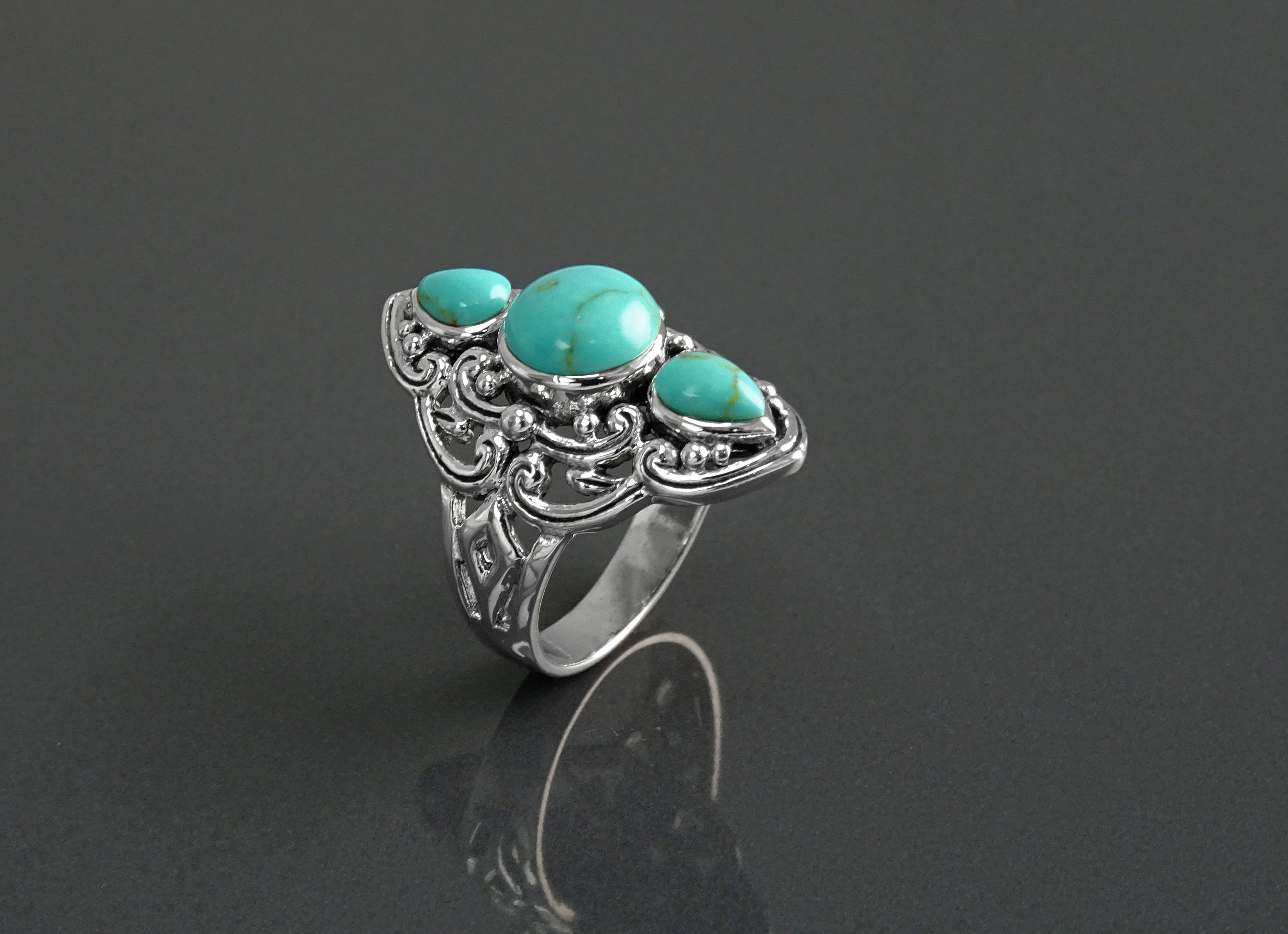 Sterling Silver Triple Turquoise Stone Ring, Ethnic Boho Chic Statement Jewelry