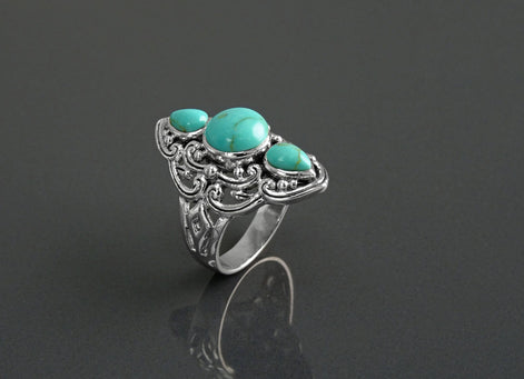 Sterling Silver Triple Turquoise Stone Ring, Ethnic Boho Chic Statement Jewelry