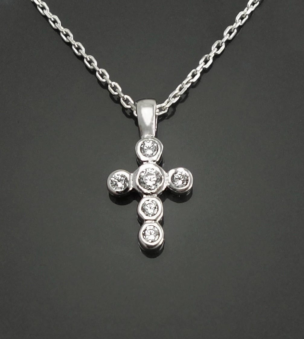 Sterling Silver Cross Necklace, Clear CZ Stones, Small Religious Pendant