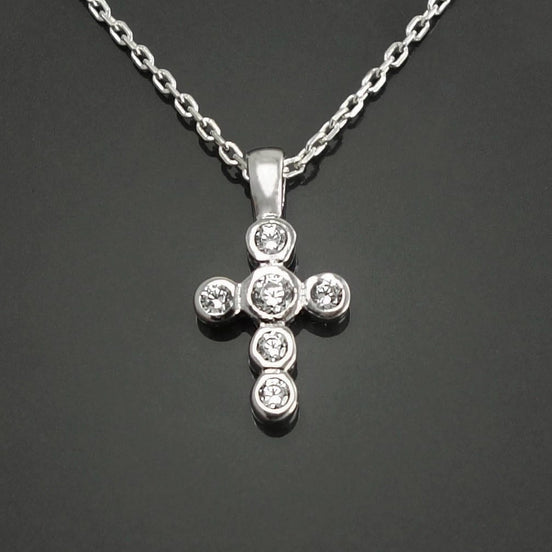 Sterling Silver Cross Necklace, Clear CZ Stones, Small Religious Pendant