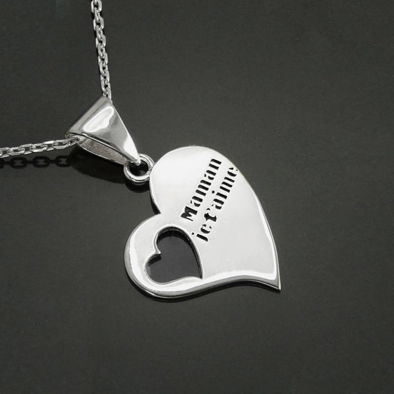 Sterling Silver Heart Necklace, French "Maman je t'aime" Pendant, Dainty Mom Charm Jewelry