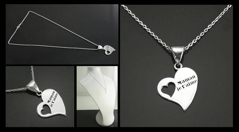 Sterling Silver Heart Necklace, French "Maman je t'aime" Pendant, Dainty Mom Charm Jewelry