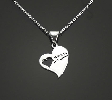 Sterling Silver Heart Necklace, French "Maman je t'aime" Pendant, Dainty Mom Charm Jewelry