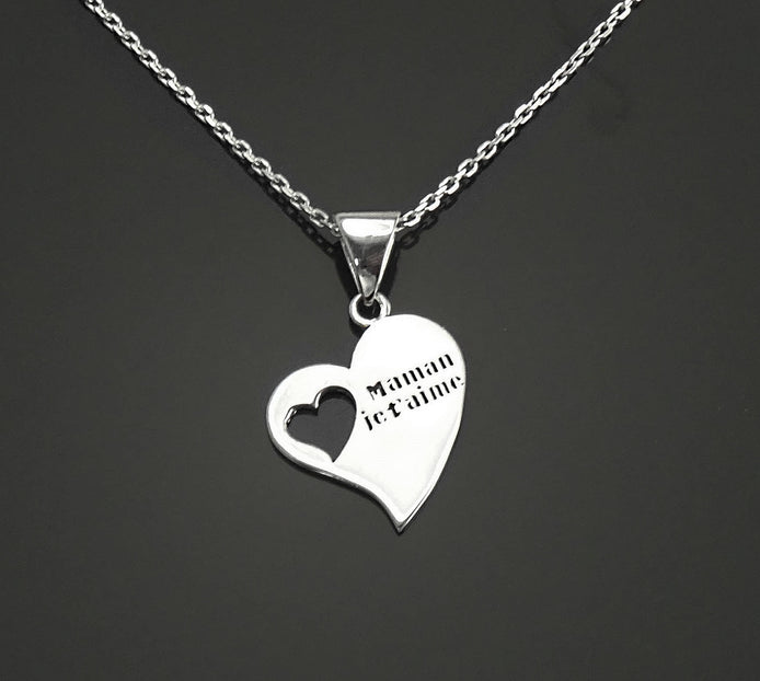 Sterling Silver Heart Necklace, French "Maman je t'aime" Pendant, Dainty Mom Charm Jewelry