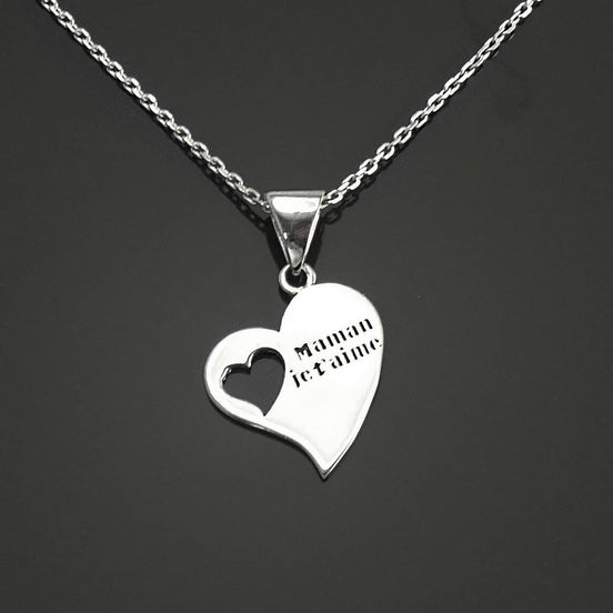 Sterling Silver Heart Necklace, French "Maman je t'aime" Pendant, Dainty Mom Charm Jewelry