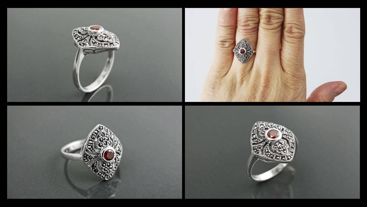 Art Deco Sterling Silver Marquise Ring, Lab Red Garnet, Marcasite Details