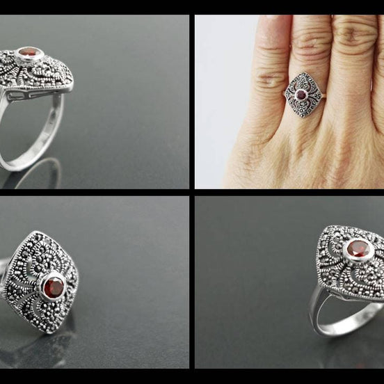 Art Deco Sterling Silver Marquise Ring, Lab Red Garnet, Marcasite Details