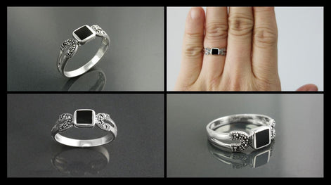 Art Deco Sterling Silver Onyx Marcasite Ring