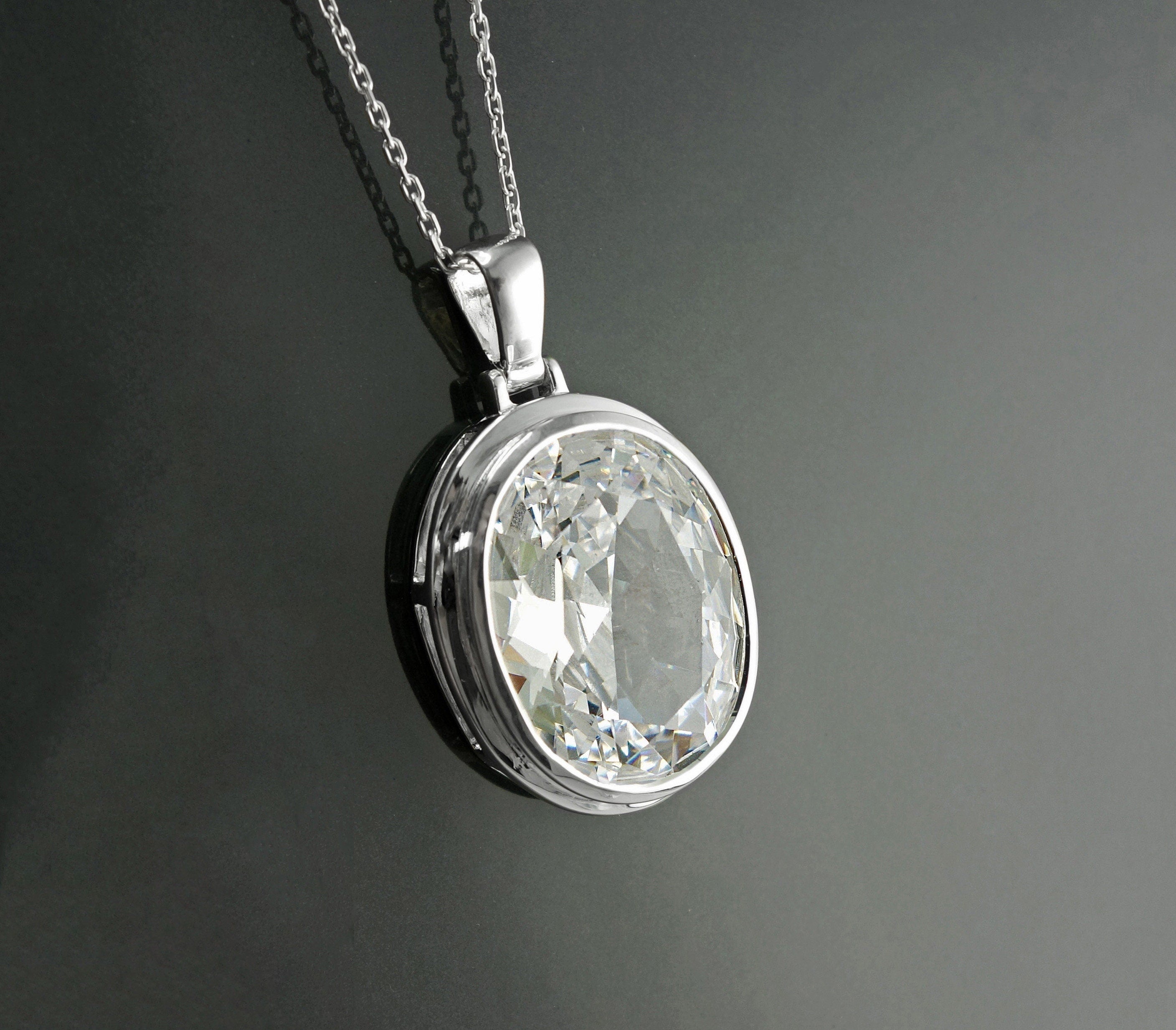 Oval White Pendant, Sterling Silver, Diamond Color Cubic Zirconia Cz , StatementModern Oval Pendant Necklace, Bold jewelry
