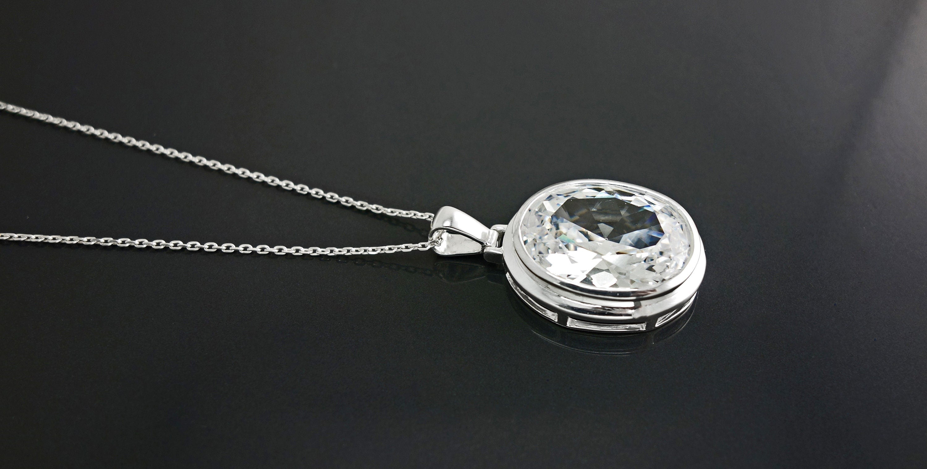 Oval White Pendant, Sterling Silver, Diamond Color Cubic Zirconia Cz , StatementModern Oval Pendant Necklace, Bold jewelry