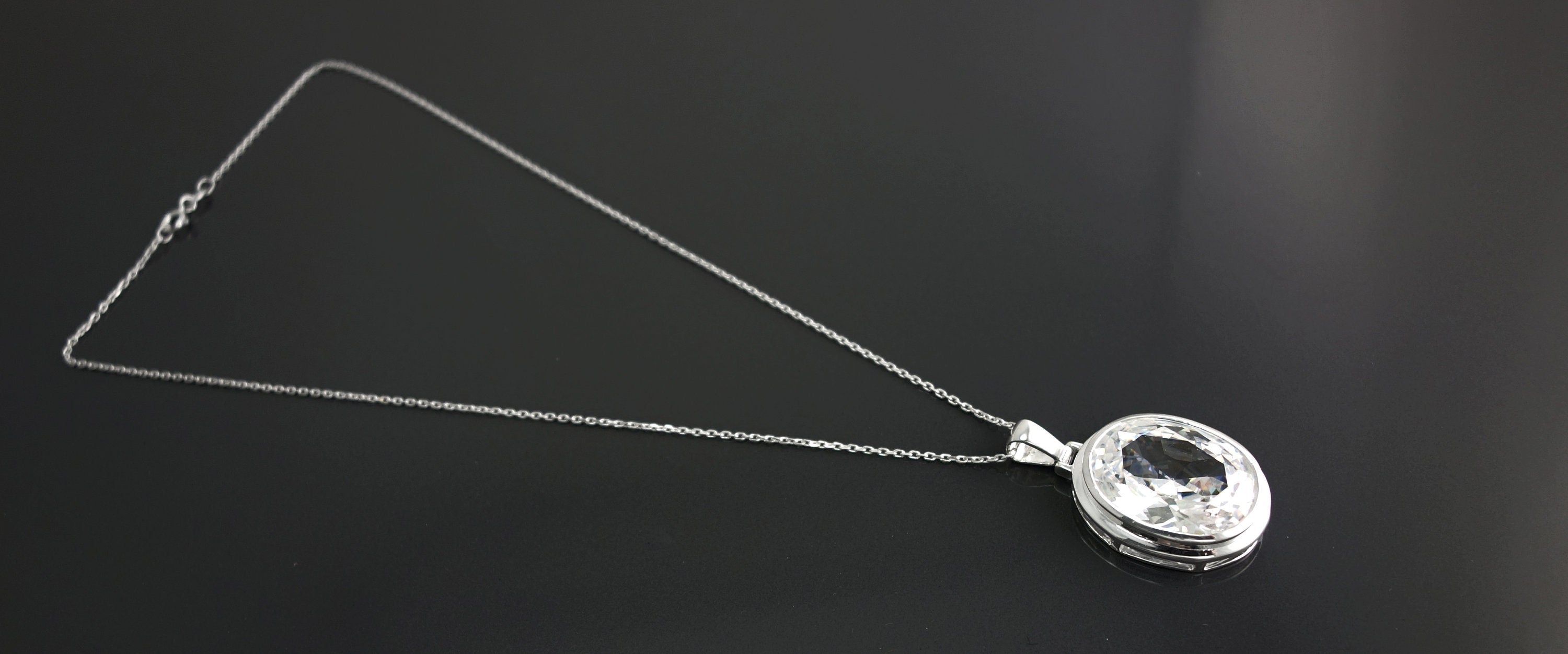 Oval White Pendant, Sterling Silver, Diamond Color Cubic Zirconia Cz , StatementModern Oval Pendant Necklace, Bold jewelry
