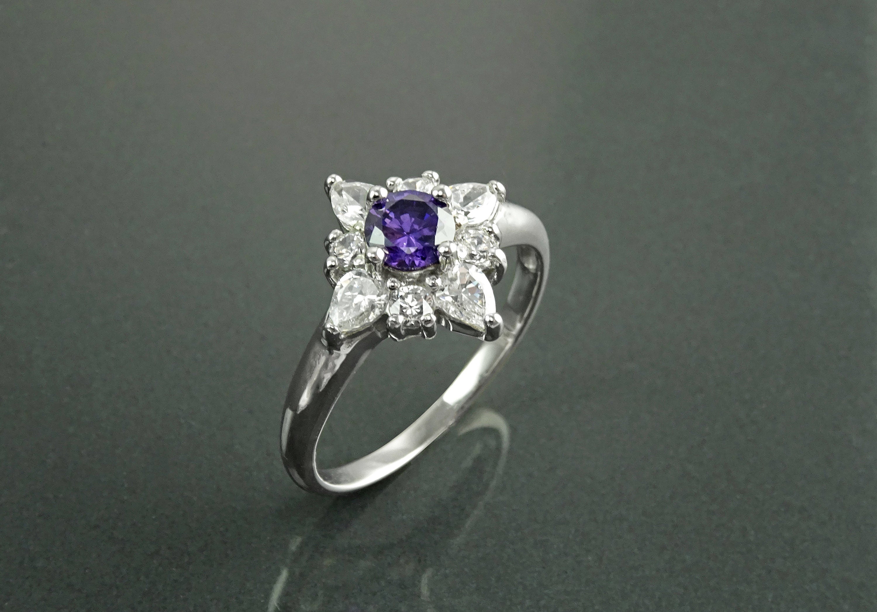 925 Purple Sterling Silver Ring, North Star Amethyst Color Stone (CZ), White Clear (CZ) Stones, Modern Jewelry