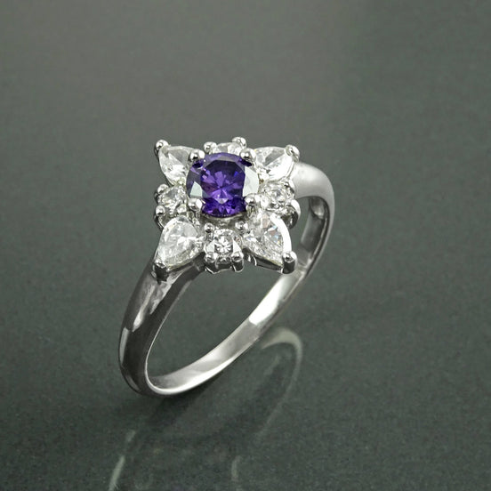 925 Purple Sterling Silver Ring, North Star Amethyst Color Stone (CZ), White Clear (CZ) Stones, Modern Jewelry