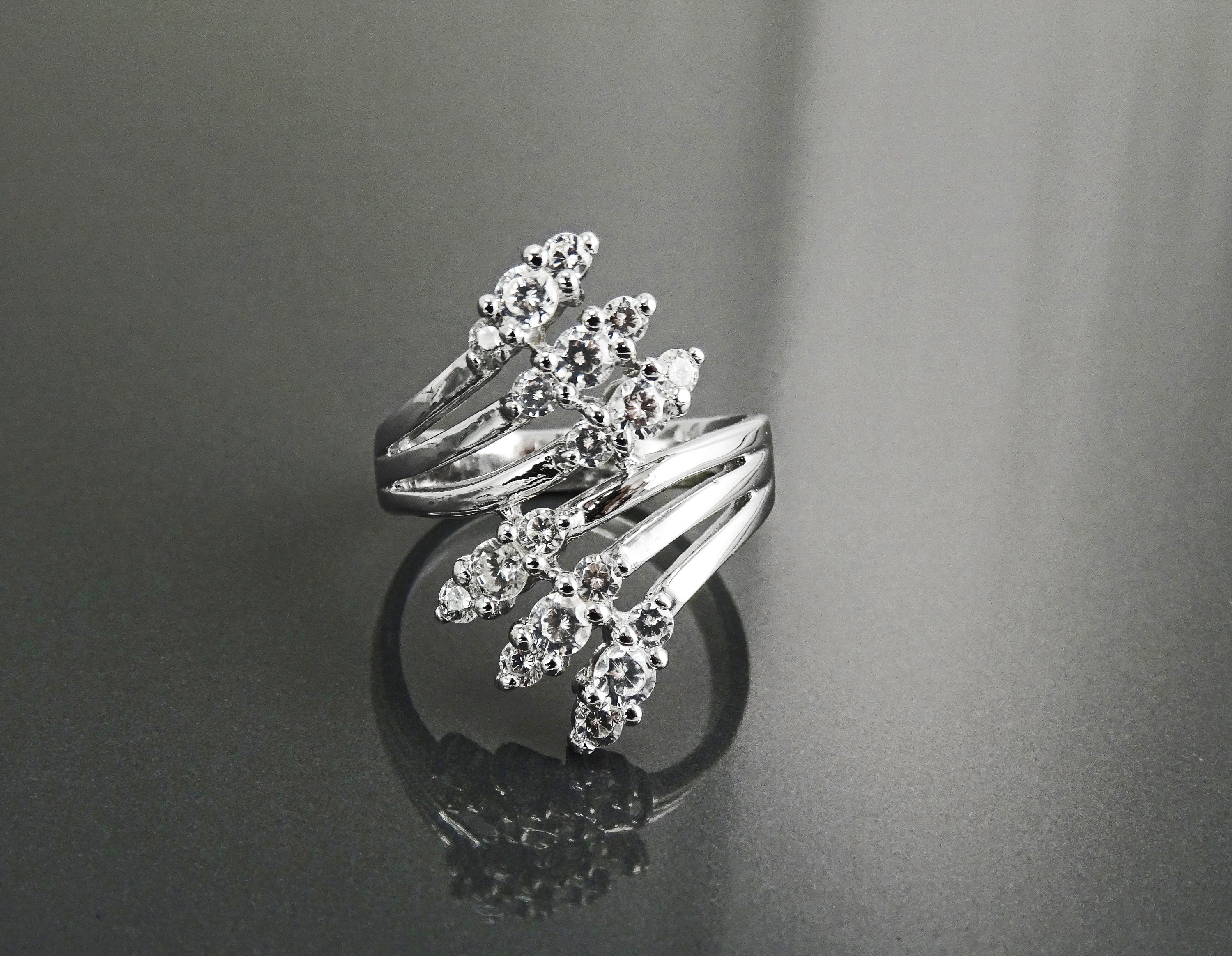 Sterling Silver Bypass Ring with CZ Stones, Modern Wrap Design