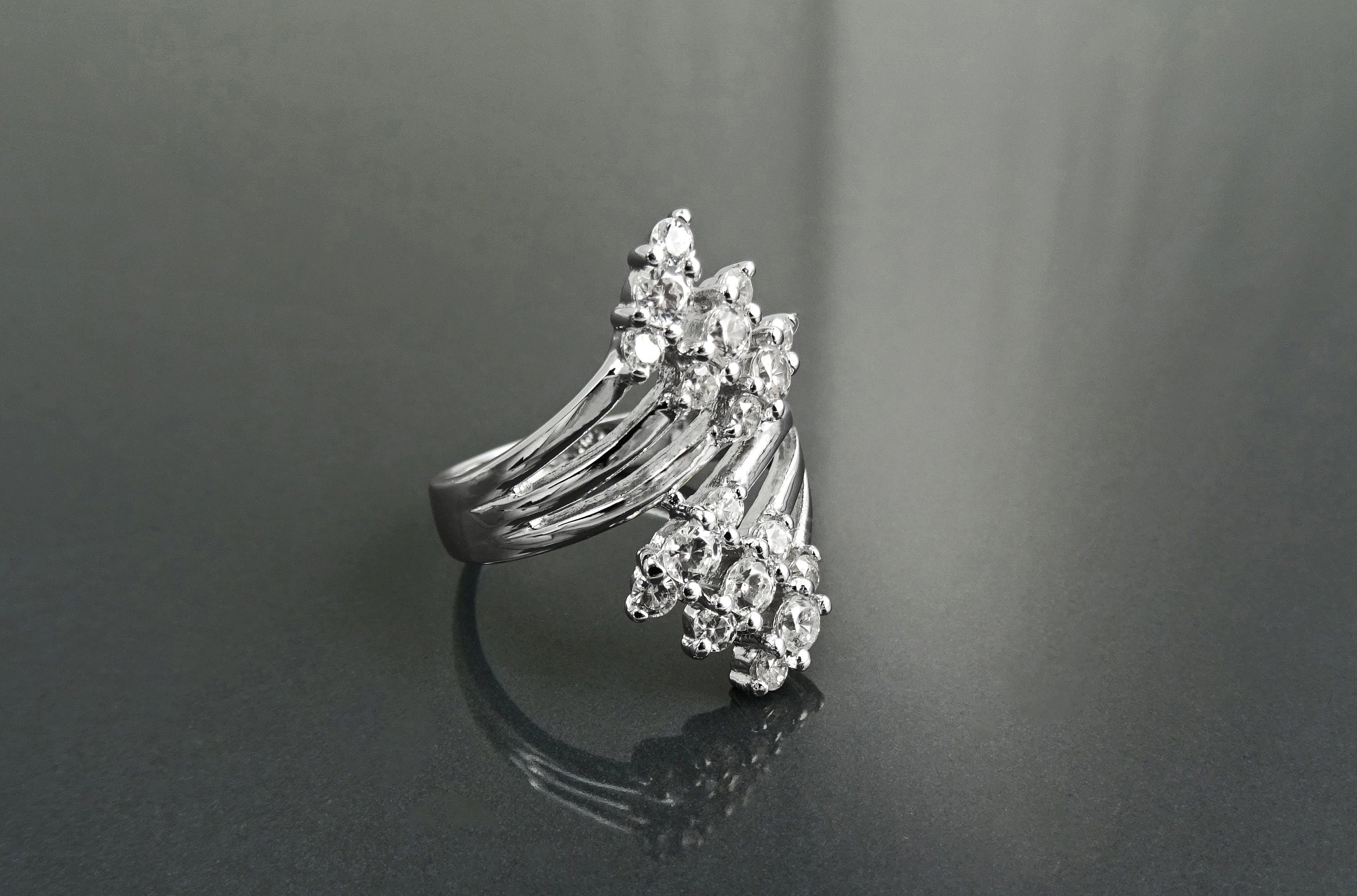 Sterling Silver Bypass Ring with CZ Stones, Modern Wrap Design
