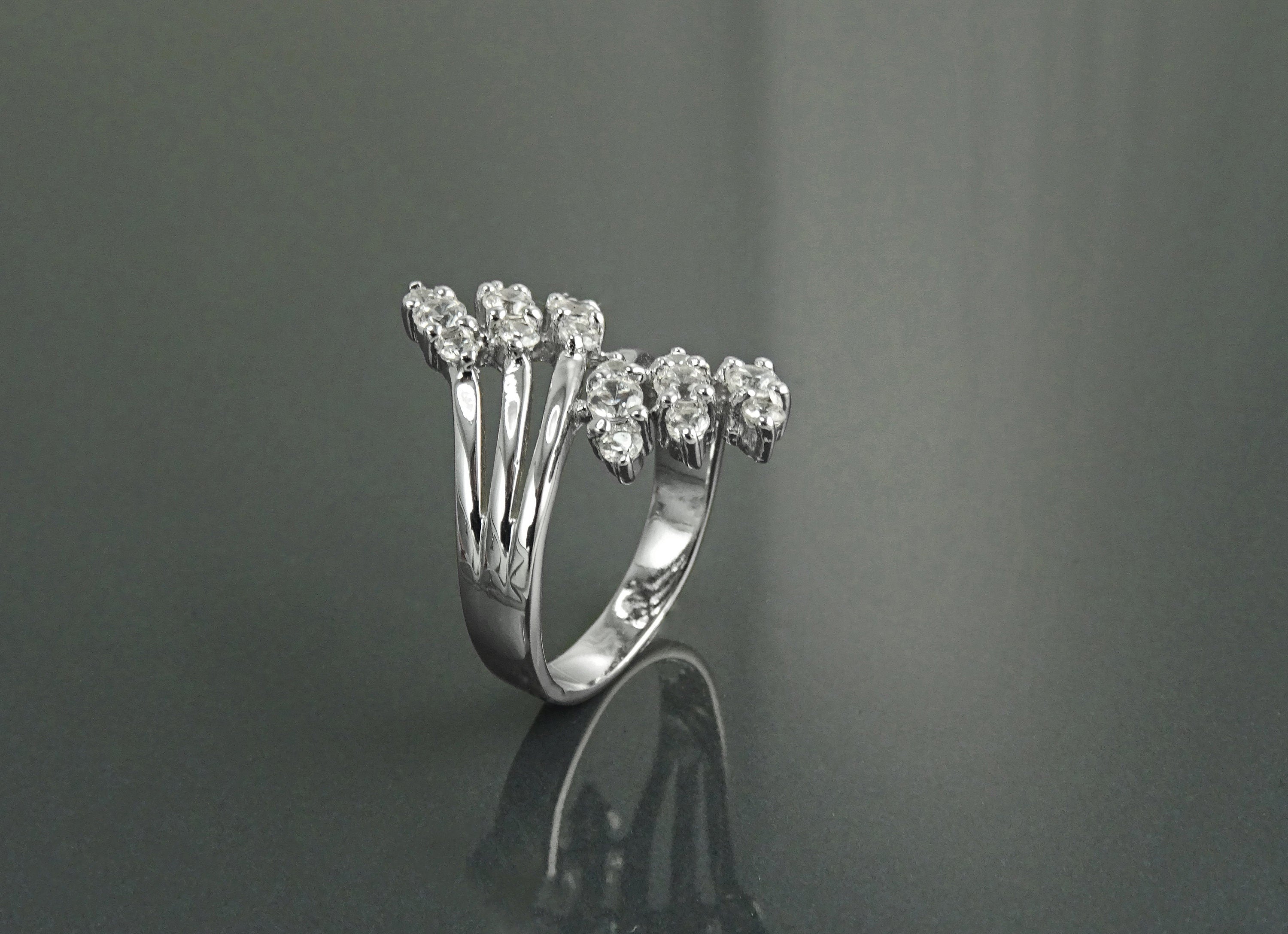 Sterling Silver Bypass Ring with CZ Stones, Modern Wrap Design