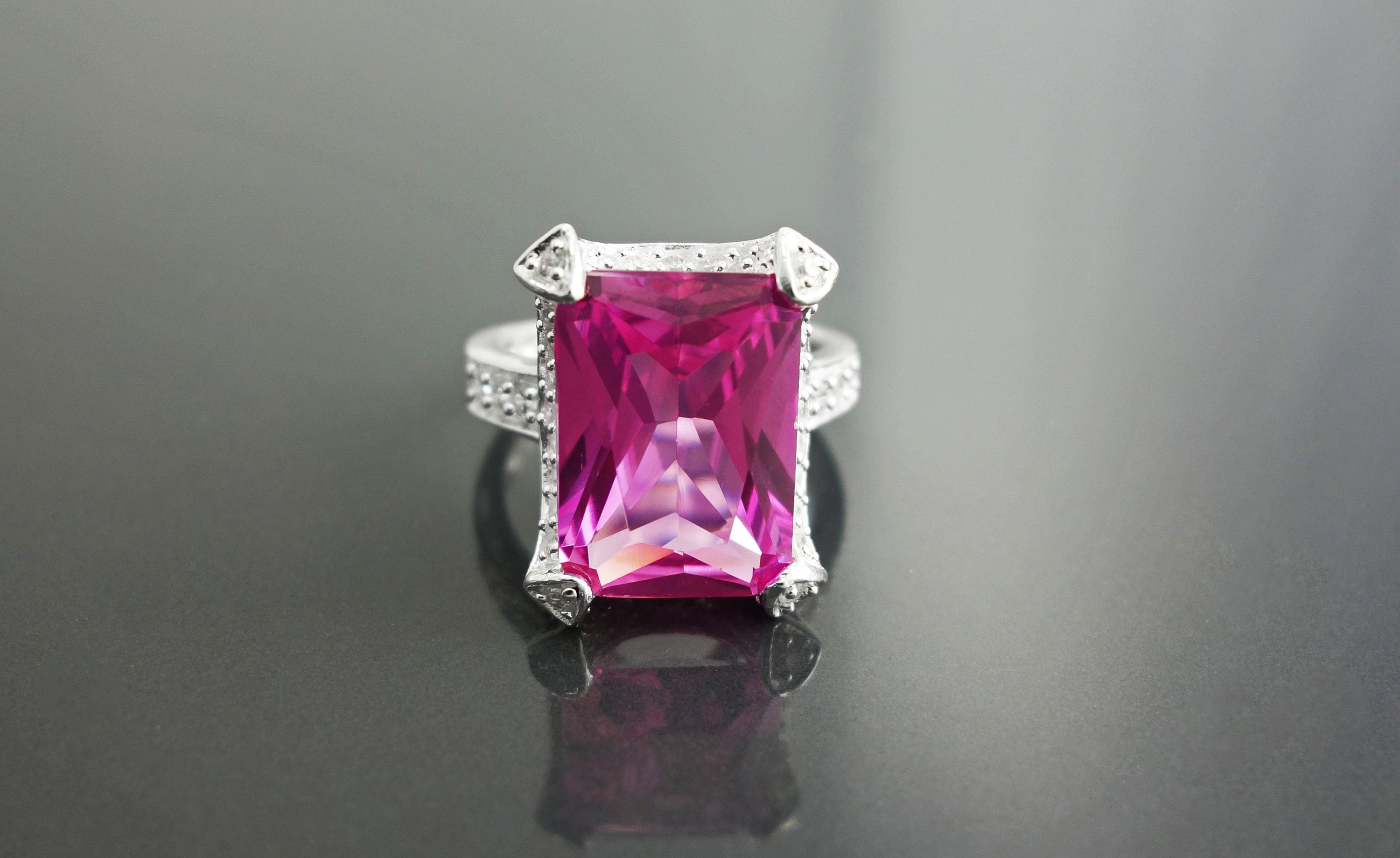 Sterling Silver Rectangle Pink Stone Ring, Modern Cocktail Jewelry