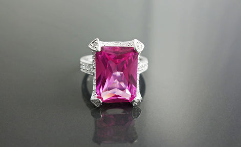 Sterling Silver Rectangle Pink Stone Ring, Modern Cocktail Jewelry
