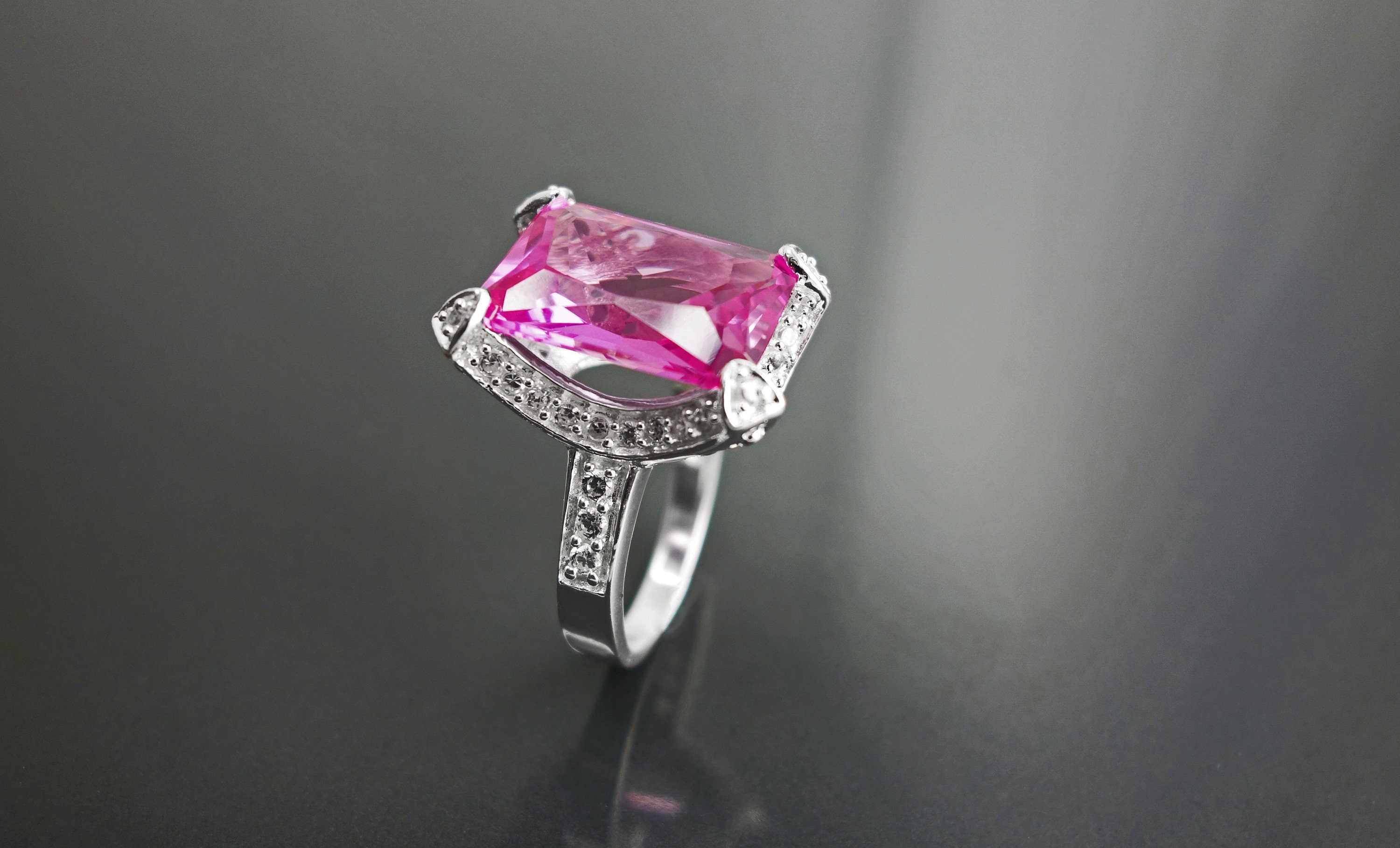 Sterling Silver Rectangle Pink Stone Ring, Modern Cocktail Jewelry