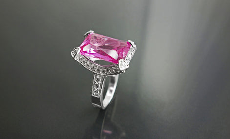Sterling Silver Rectangle Pink Stone Ring, Modern Cocktail Jewelry