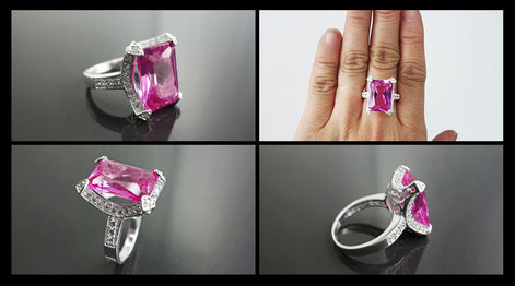 Sterling Silver Rectangle Pink Stone Ring, Modern Cocktail Jewelry