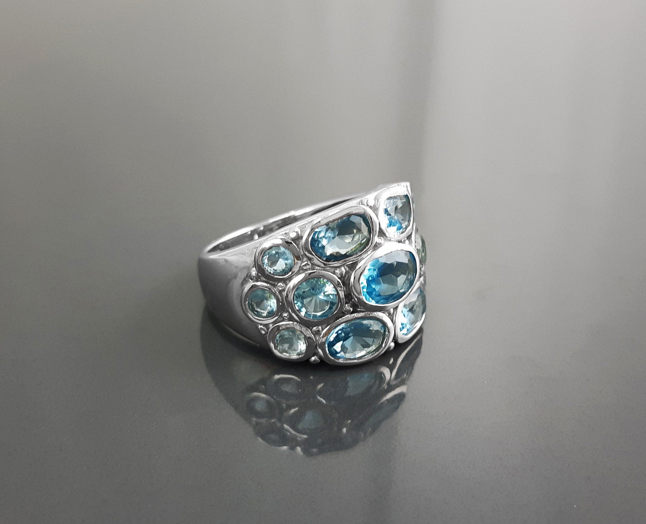 Topaz Blue Color Ring, Sterling Silver Ring, Intricate Boho Design, Oval shape Stone, Antique Ring, Unique Boho Ring,