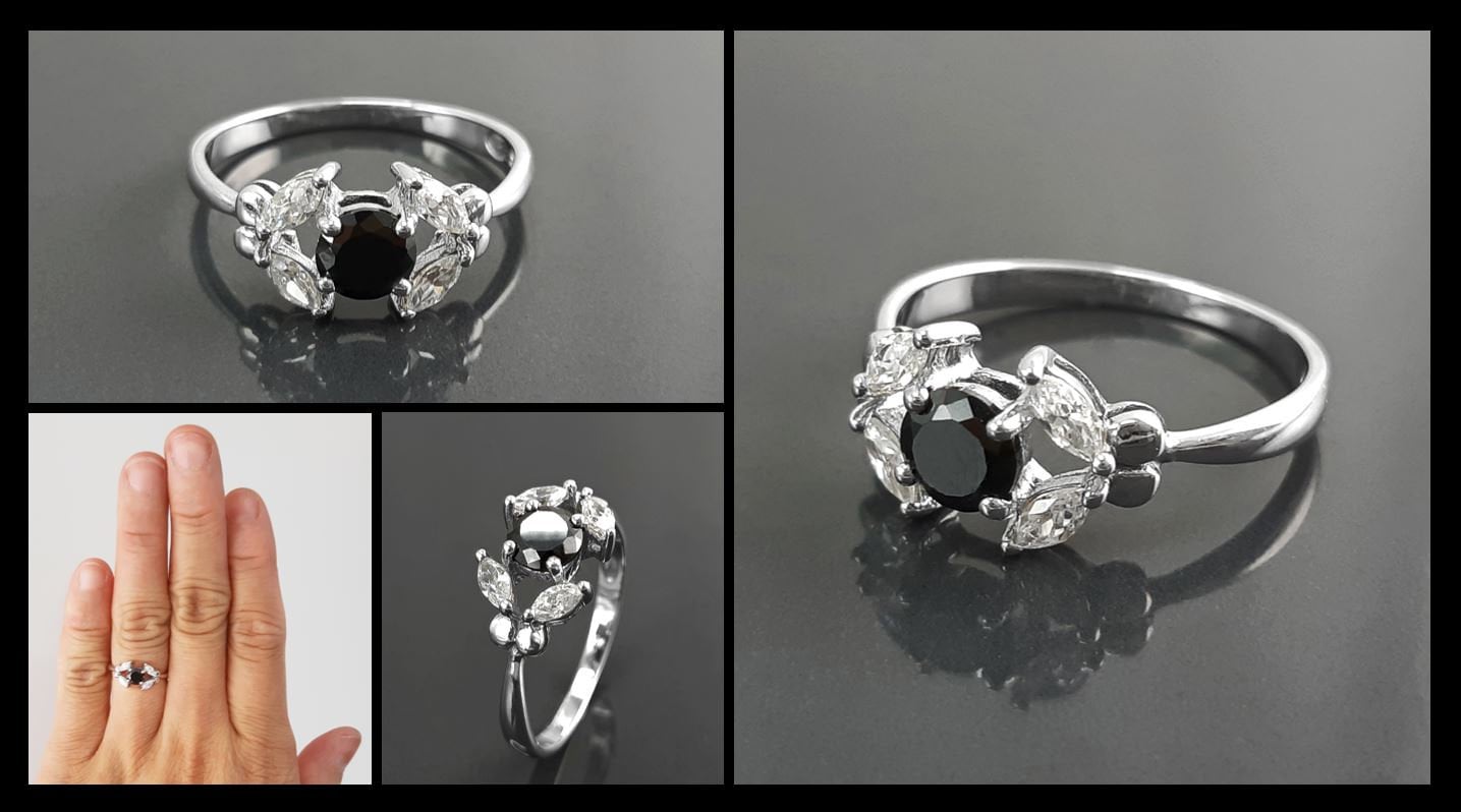 925 Sterling Silver Halo Ring, Black White CZ Stones, Modern Solitaire Small Jewelry