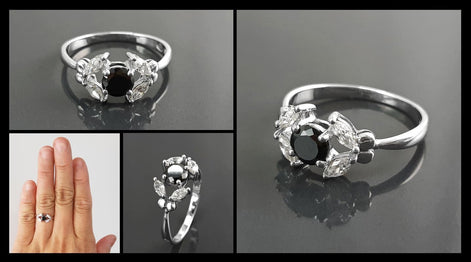 925 Sterling Silver Halo Ring, Black White CZ Stones, Modern Solitaire Small Jewelry