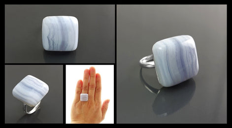 925 NATURAL Chalcedony Blue Square Ring Sterling Silver, Striped Stone, Modern Minimalist Geometric Lined Style, Designer Jewelry