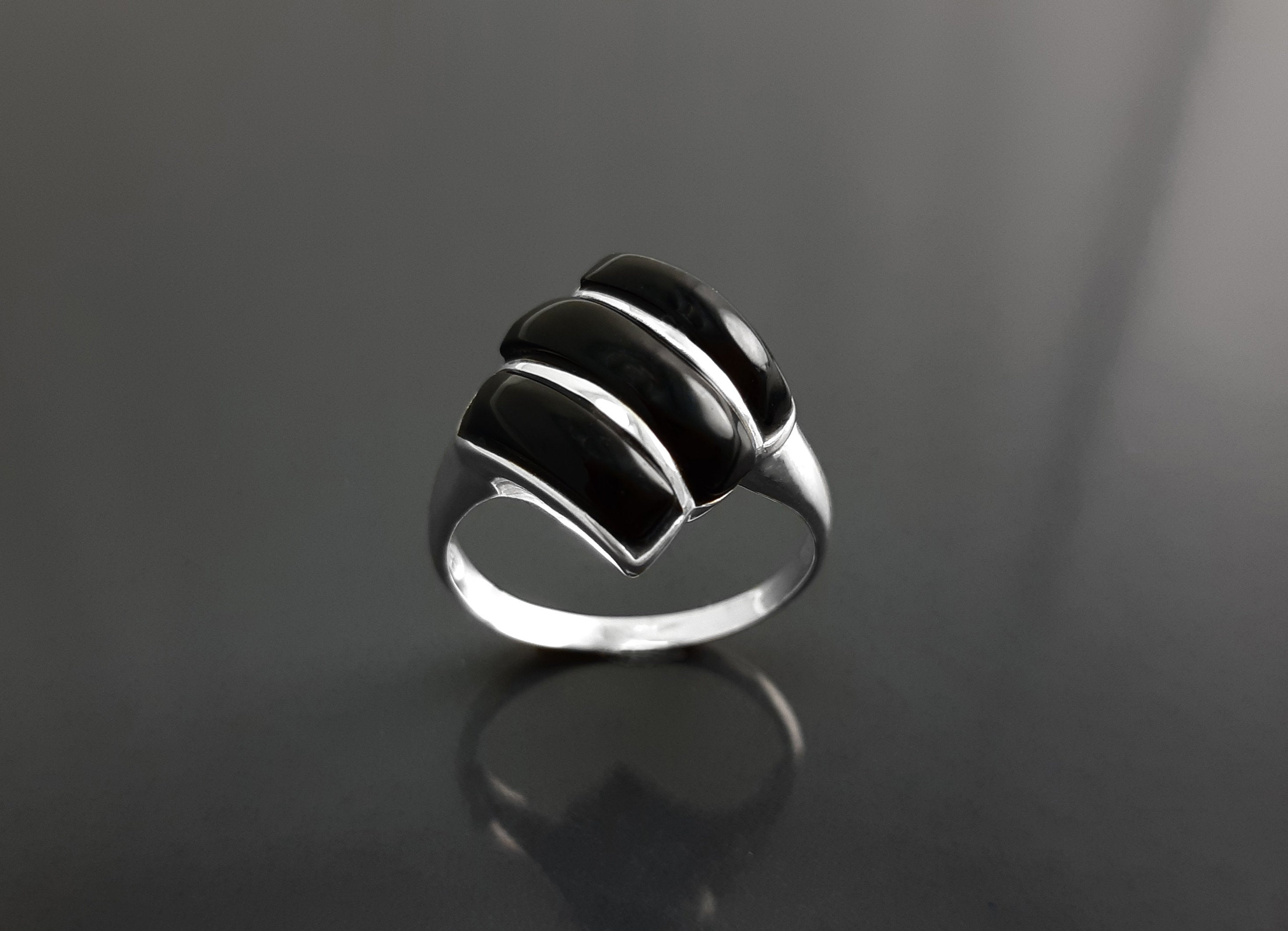 Black Square Ring, Sterling Silver, Onyx Stones, Geometric Diamond Shape Jewelry, Modern Black Stone Ring