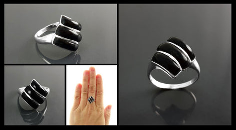 Black Square Ring, Sterling Silver, Onyx Stones, Geometric Diamond Shape Jewelry, Modern Black Stone Ring