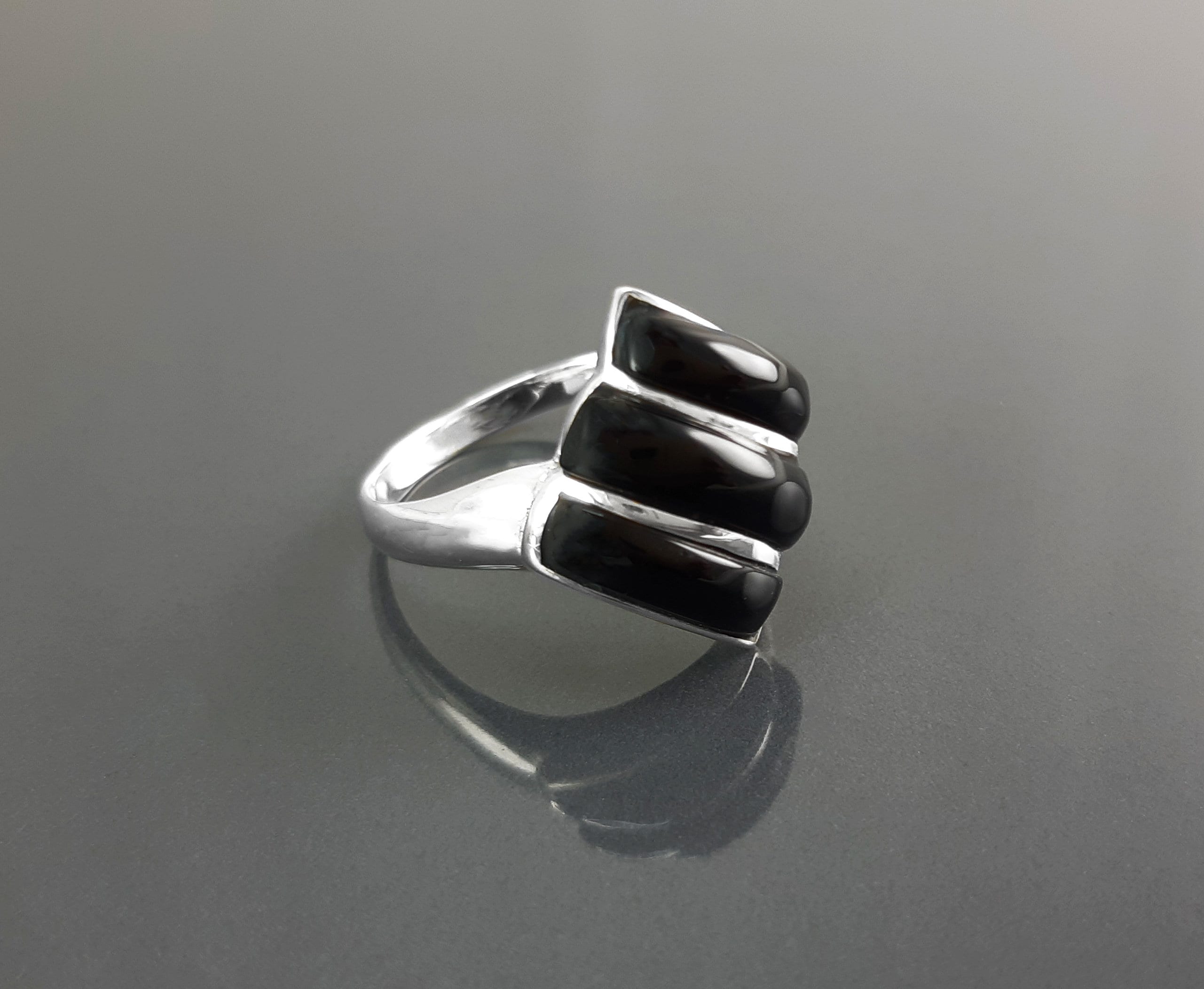 Black Square Ring, Sterling Silver, Onyx Stones, Geometric Diamond Shape Jewelry, Modern Black Stone Ring