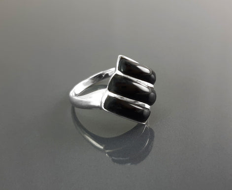 Black Square Ring, Sterling Silver, Onyx Stones, Geometric Diamond Shape Jewelry, Modern Black Stone Ring