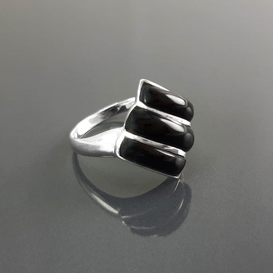 Black Square Ring, Sterling Silver, Onyx Stones, Geometric Diamond Shape Jewelry, Modern Black Stone Ring