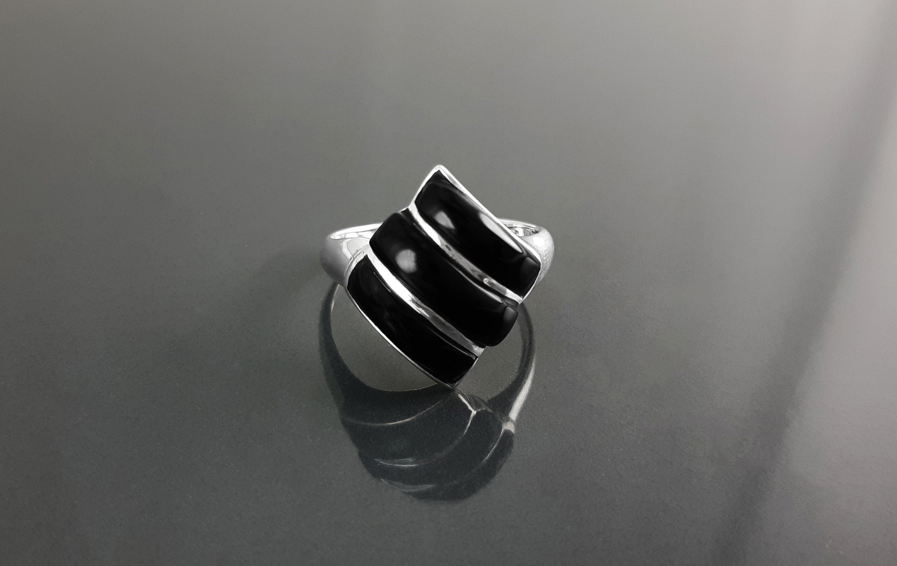 Black Square Ring, Sterling Silver, Onyx Stones, Geometric Diamond Shape Jewelry, Modern Black Stone Ring