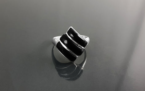 Black Square Ring, Sterling Silver, Onyx Stones, Geometric Diamond Shape Jewelry, Modern Black Stone Ring