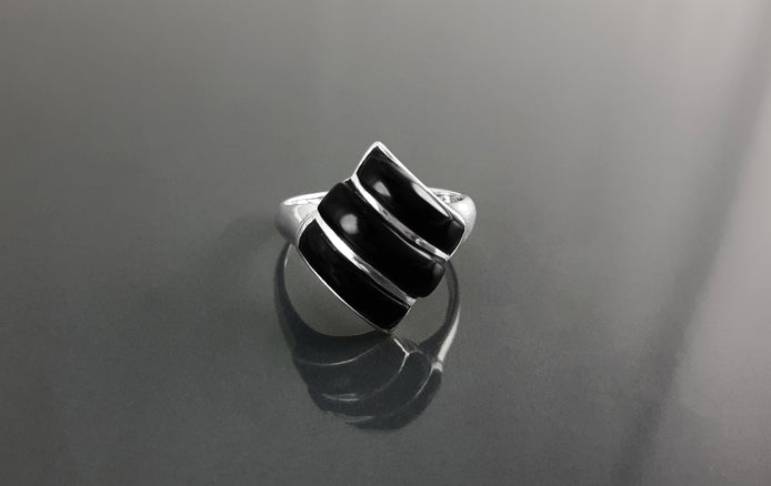 Black Square Ring, Sterling Silver, Onyx Stones, Geometric Diamond Shape Jewelry, Modern Black Stone Ring