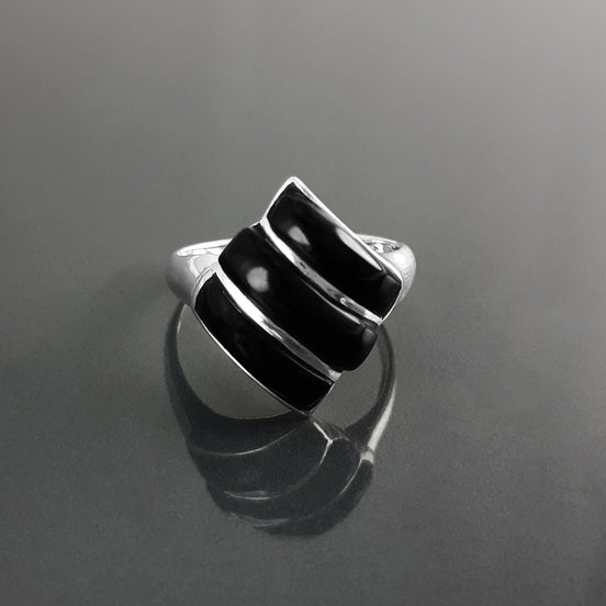 Black Square Ring, Sterling Silver, Onyx Stones, Geometric Diamond Shape Jewelry, Modern Black Stone Ring