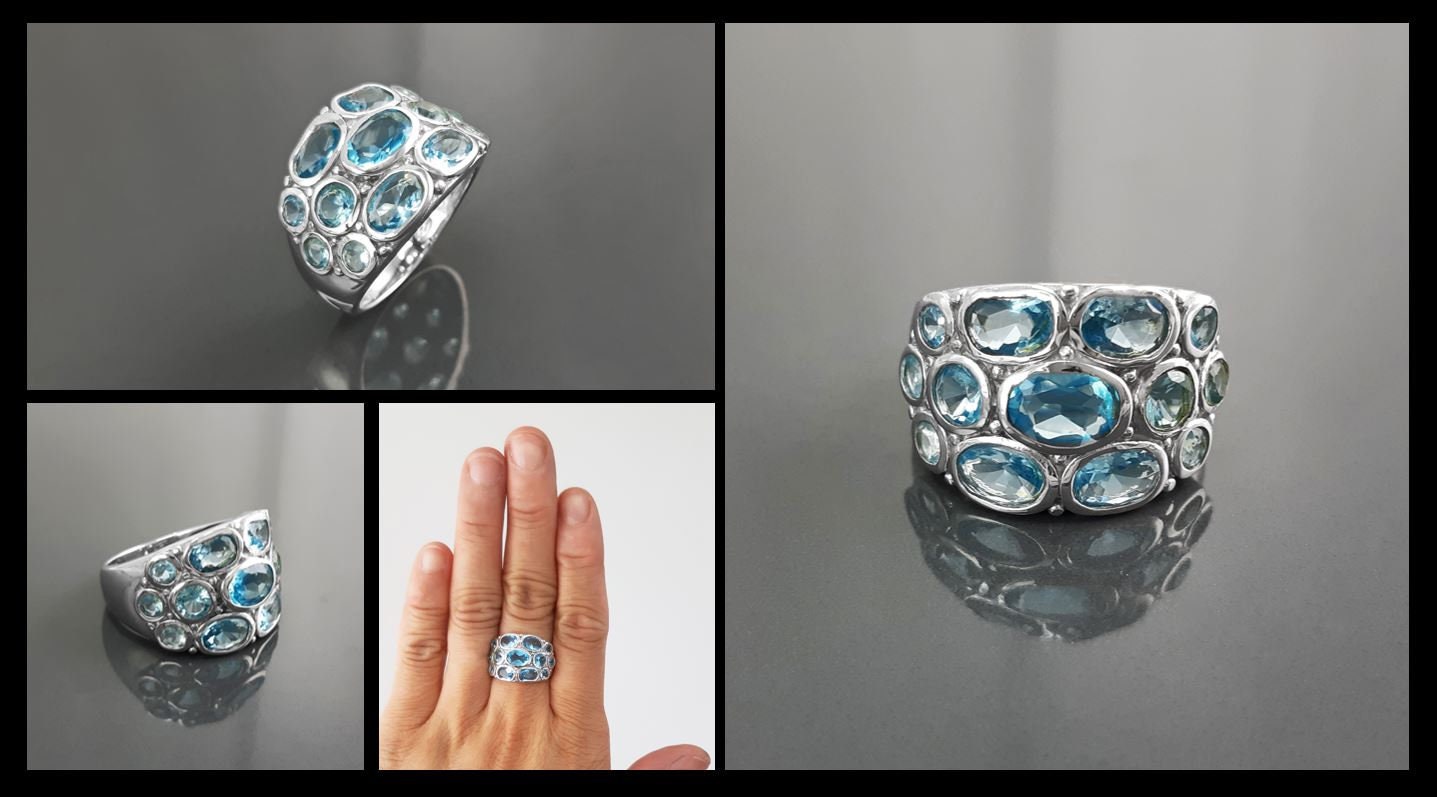 Topaz Blue Color Ring, Sterling Silver Ring, Intricate Boho Design, Oval shape Stone, Antique Ring, Unique Boho Ring,